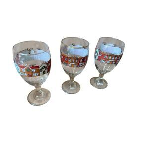 Set of 3 Christmas Village Wine Glasses Holiday Goblets Hand Painted Houses